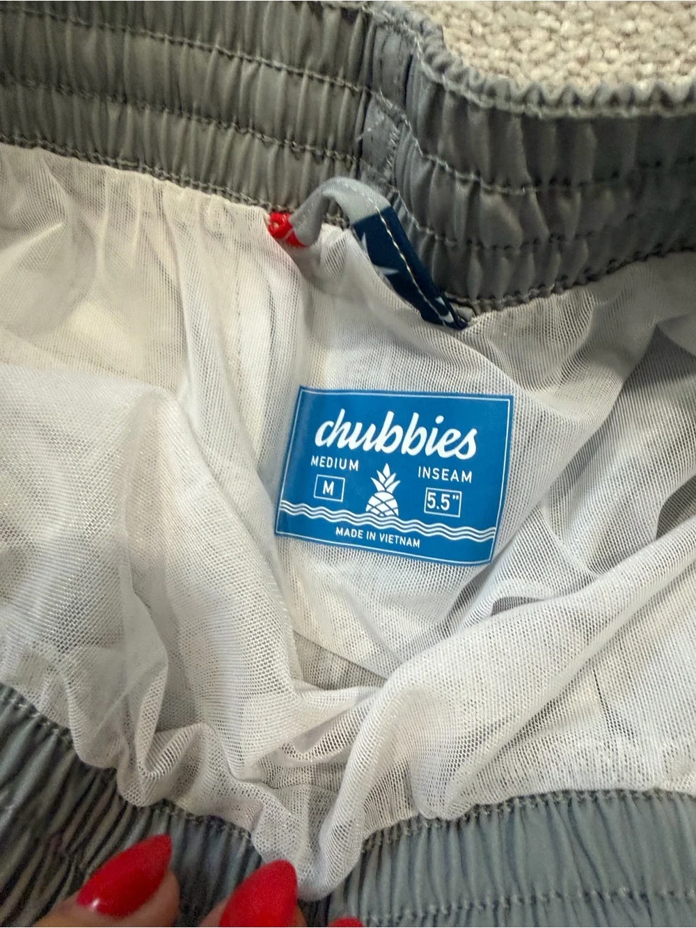 chubbies Grey Swim Trunks with Red Stripes and Navy Star Band